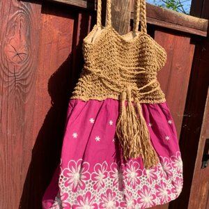 Large Tote Light brown Raffia macrame style braided handles Pool Beach Bag